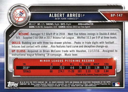 2019 Bowman Prospects Albert Abreu #BP-147 New York Yankees