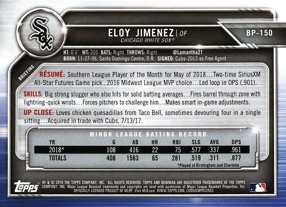 2019 Bowman Prospects Eloy Jimenez #BP-150 Chicago White Sox