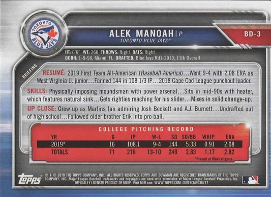2019 Bowman Draft Alek Manoah FBC BD-3 Toronto Blue Jays