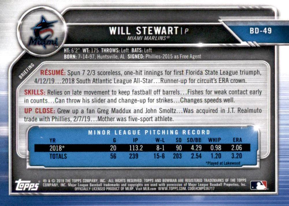 2019 Bowman Draft Will Stewart BD-49 Miami Marlins