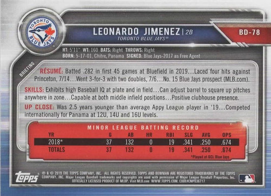 2019 Bowman Draft Leonardo Jimenez BD-78 Toronto Blue Jays