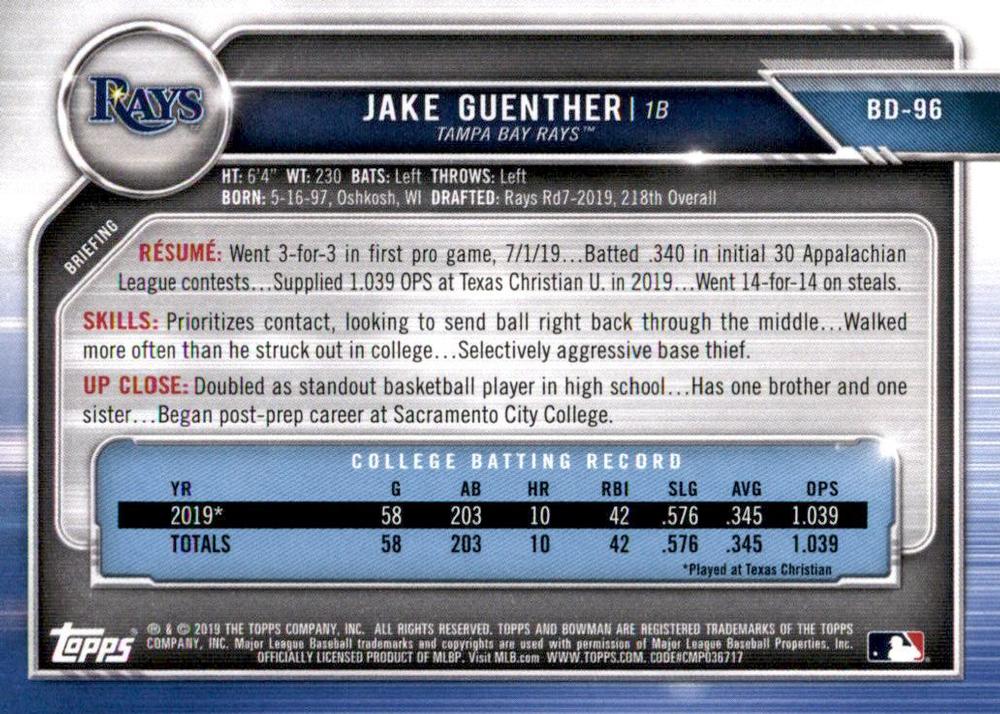 2019 Bowman Draft Jake Guenther FBC BD-96 Tampa Bay Rays