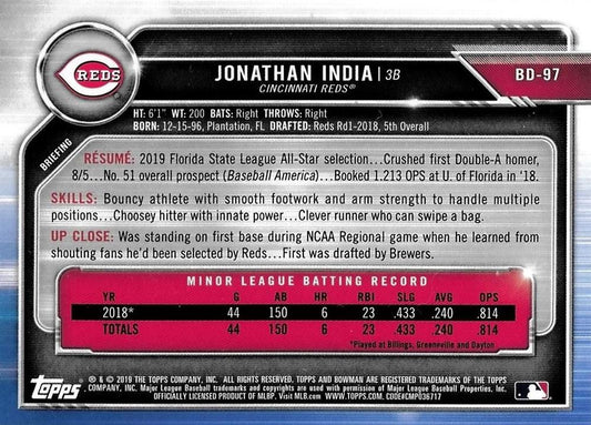 2019 Bowman Draft Jonathan India BD-97 Cincinnati Reds