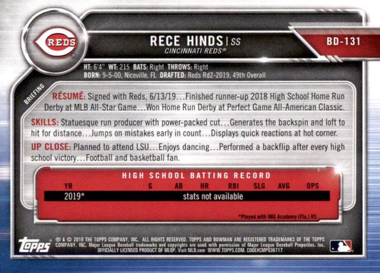 2019 Bowman Draft Rece Hinds FBC BD-131 Cincinnati Reds