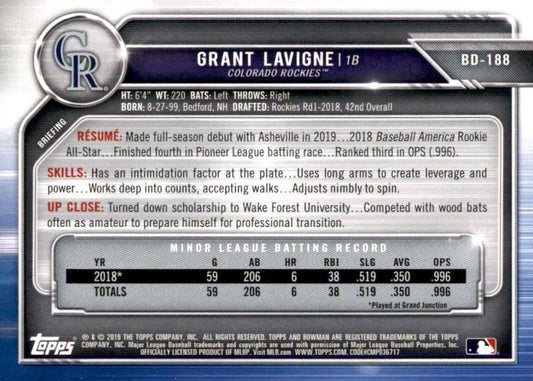 2019 Bowman Draft Grant Lavigne BD-188 Colorado Rockies