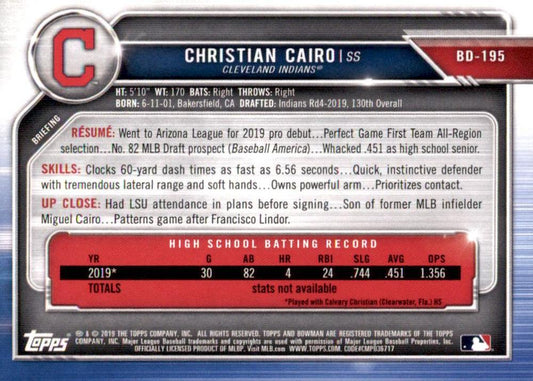 2019 Bowman Draft Christian Cairo FBC BD-195 Cleveland Indians