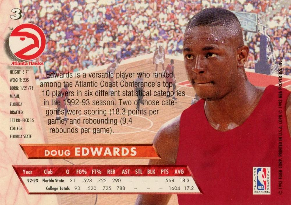 1993-94 Fleer Ultra Doug Edwards DPK,RC #3 Atlanta Hawks