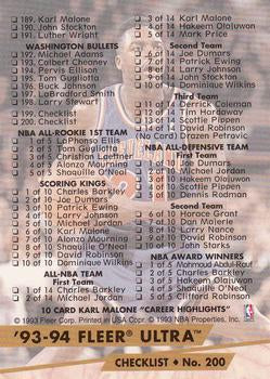1993-94 Fleer Ultra Checklist: 125-200 and Inserts CL #200
