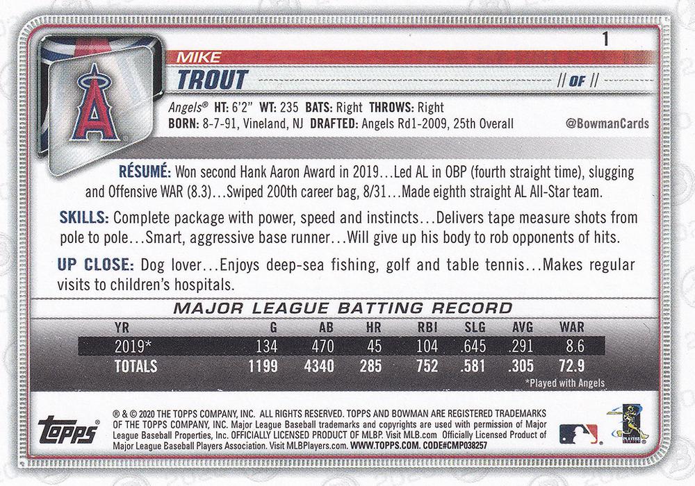 2020 Bowman Mike Trout #1 Angels