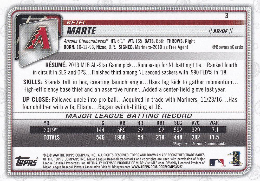 2020 Bowman Ketel Marte #3 Arizona Diamondbacks