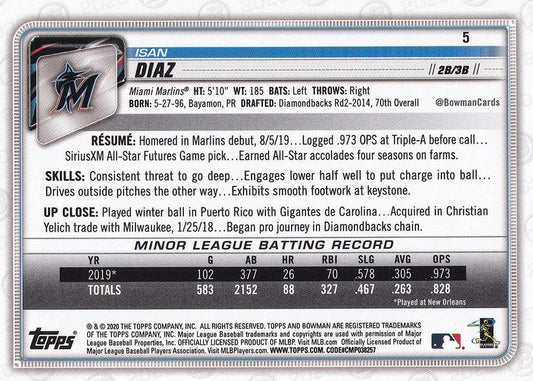 2020 Bowman Isan Diaz RC #5 Miami Marlins