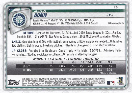 2020 Bowman Justin Dunn RC #15 Seattle Mariners