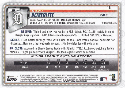 2020 Bowman Travis Demeritte RC #16 Detroit Tigers