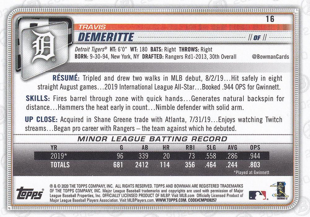 2020 Bowman Travis Demeritte RC #16 Detroit Tigers