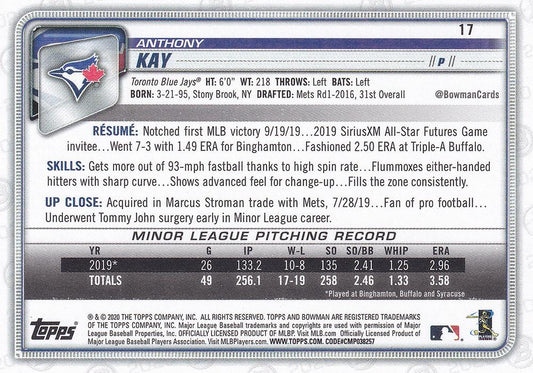 2020 Bowman Anthony Kay RC #17 Toronto Blue Jays