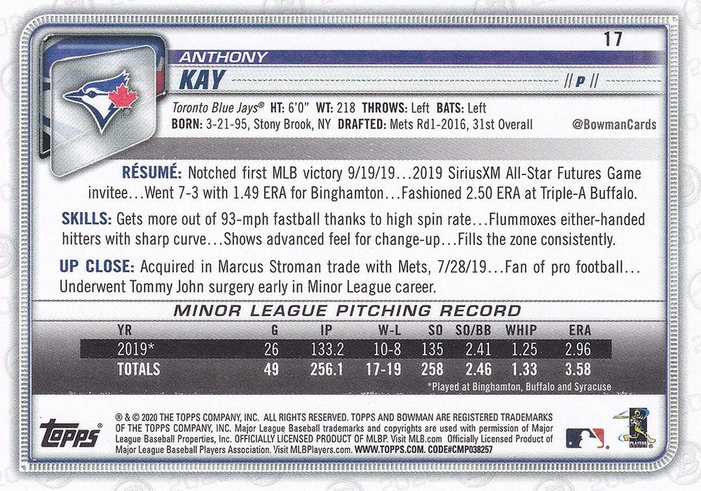 2020 Bowman Anthony Kay RC #17 Toronto Blue Jays