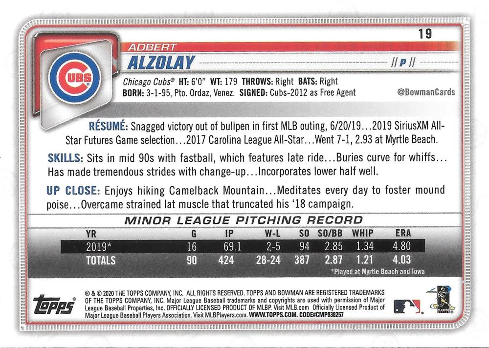 2020 Bowman Adbert Alzolay RC #19 Chicago Cubs