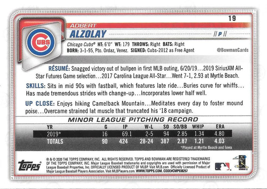 2020 Bowman Adbert Alzolay RC #19 Chicago Cubs