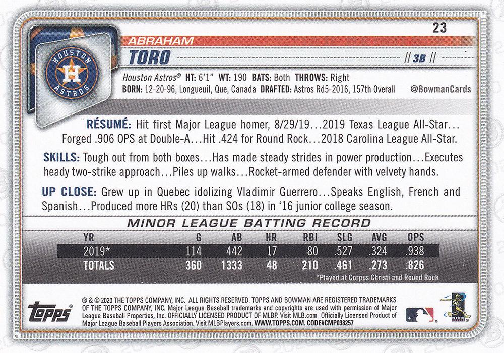 2020 Bowman Abraham Toro RC #23 Houston Astros
