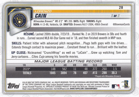 2020 Bowman Lorenzo Cain #28 Milwaukee Brewers