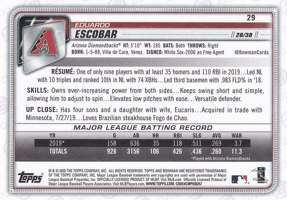 2020 Bowman Eduardo Escobar #29 Arizona Diamondbacks