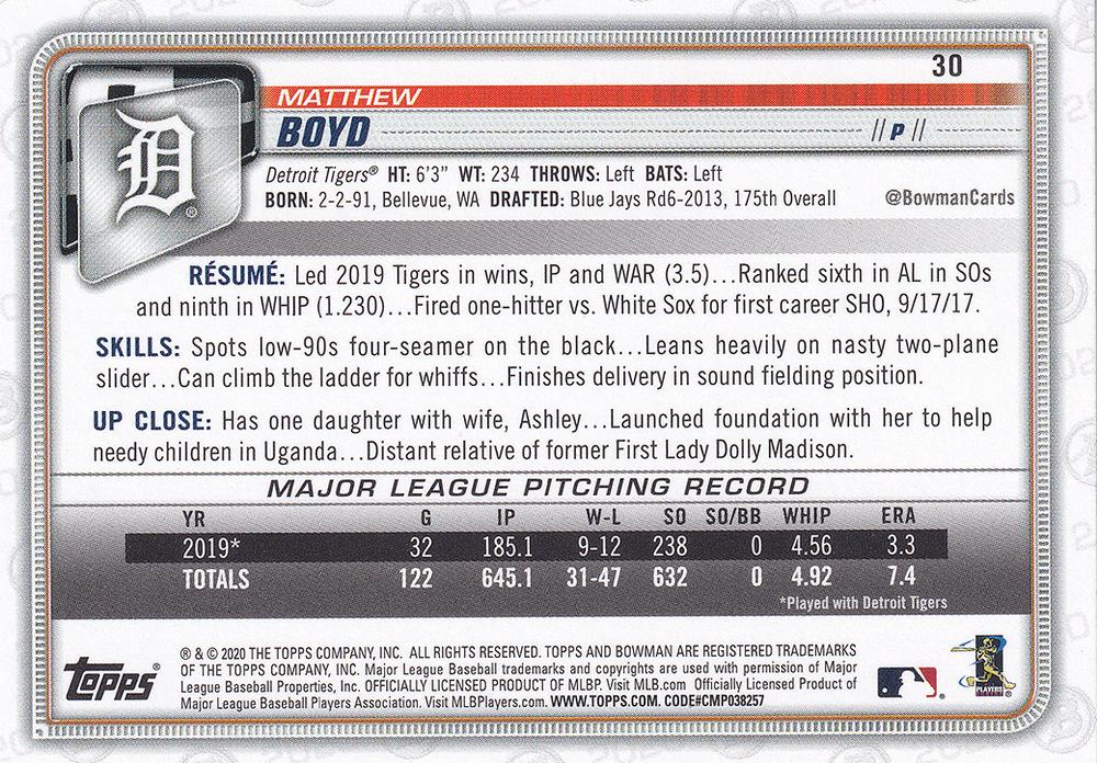 2020 Bowman Matthew Boyd #30 Detroit Tigers