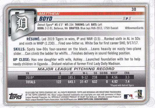 2020 Bowman Matthew Boyd #30 Detroit Tigers