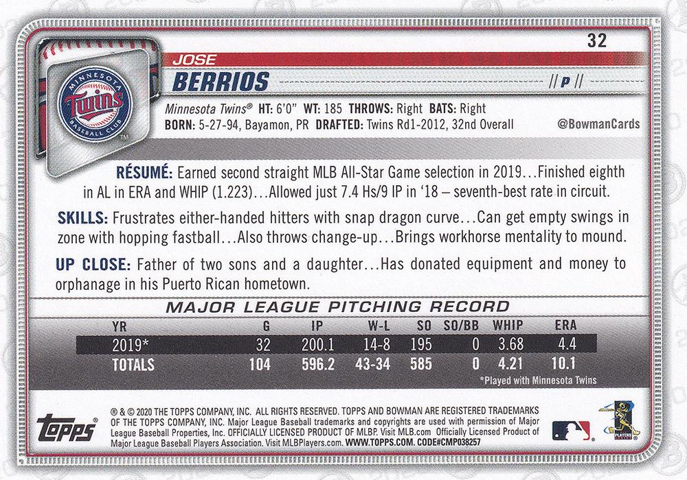2020 Bowman Jose Berrios #32 Minnesota Twins