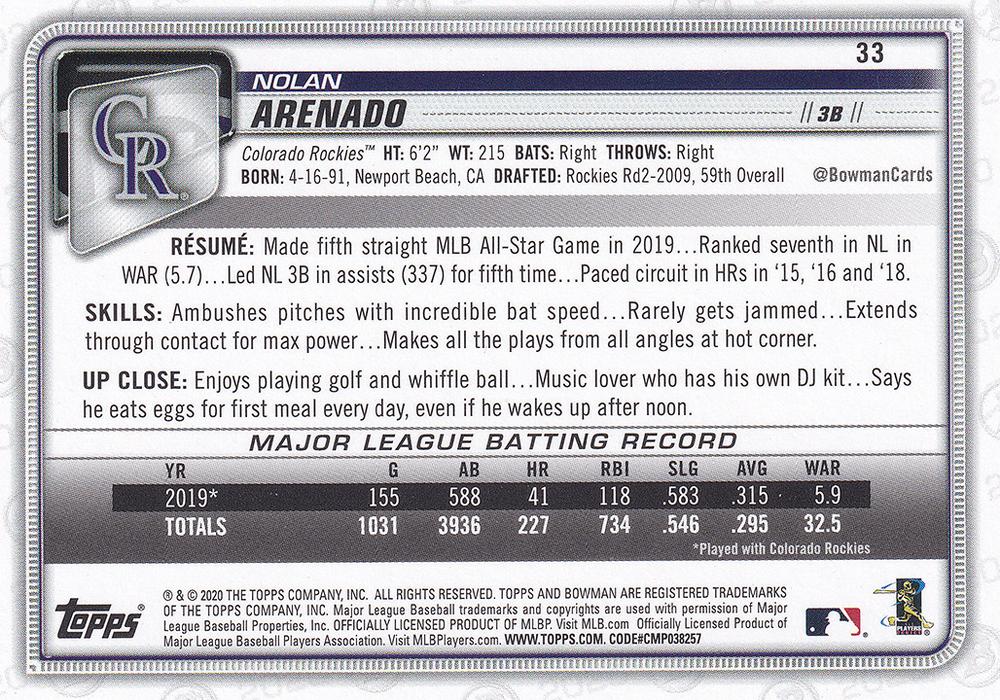 2020 Bowman Nolan Arenado #33 Colorado Rockies