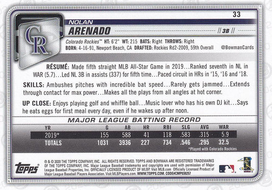 2020 Bowman Nolan Arenado #33 Colorado Rockies