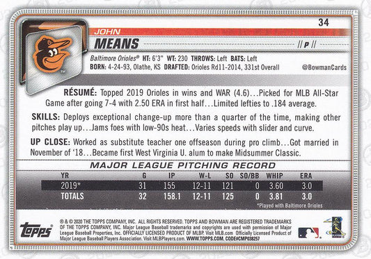 2020 Bowman John Means #34 Baltimore Orioles