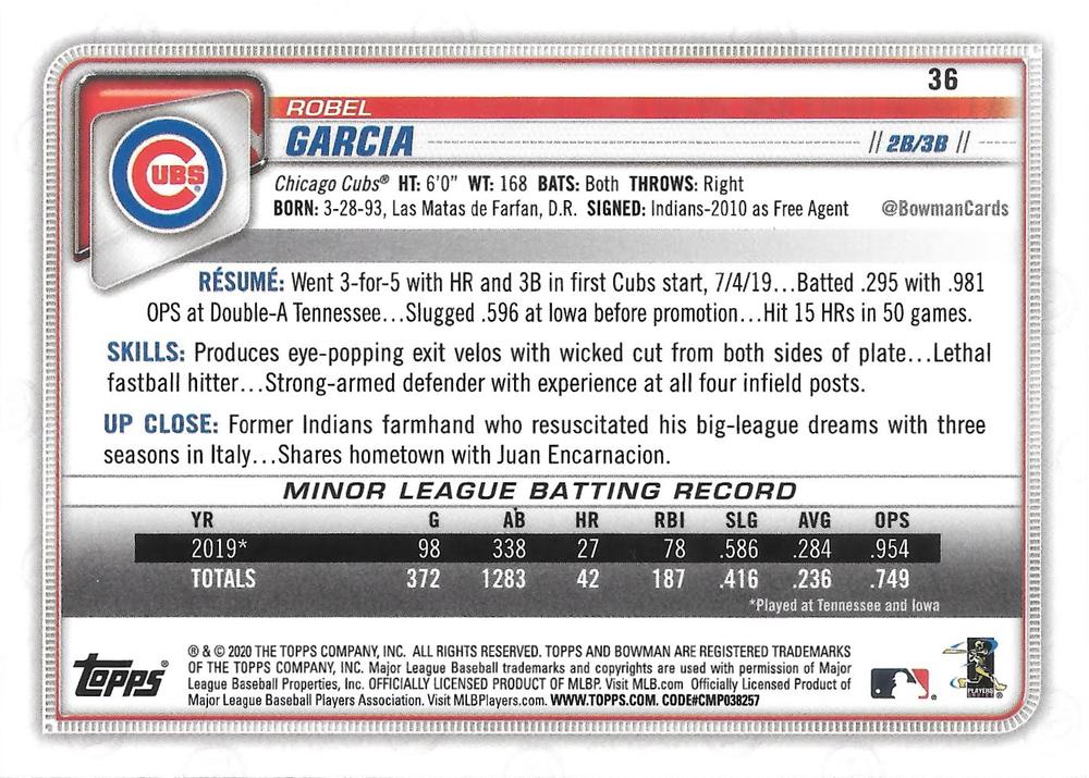 2020 Bowman Robel Garcia RC #36 Chicago Cubs