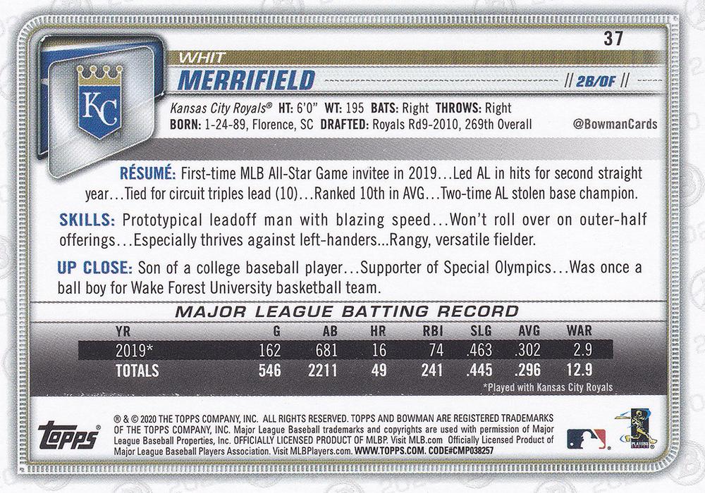 2020 Bowman Whit Merrifield #37 Kansas City Royals