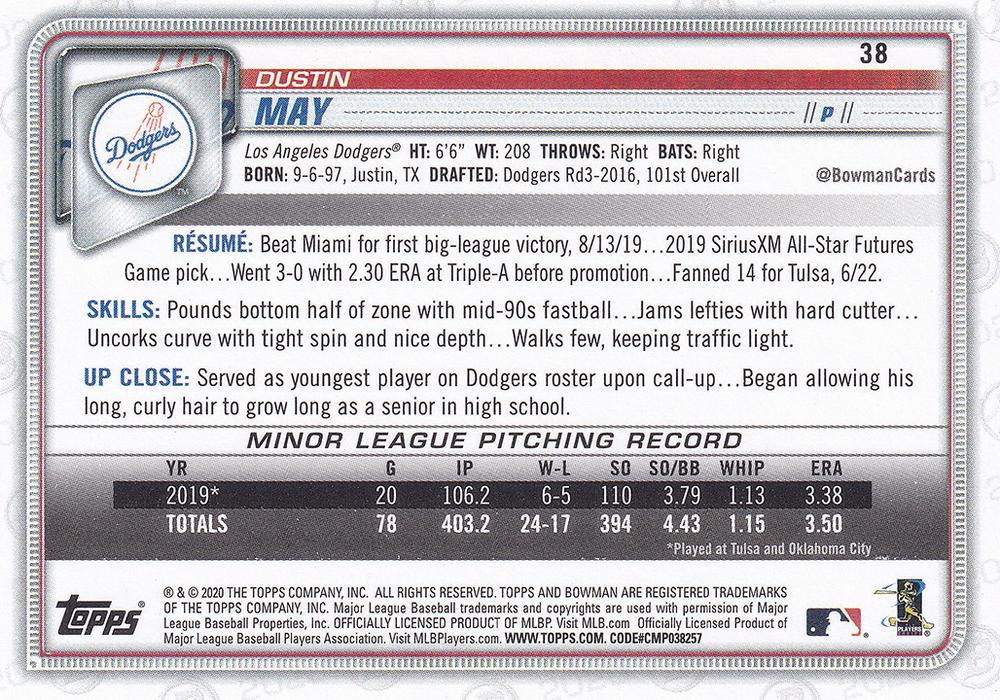 2020 Bowman Dustin May RC #38 Los Angeles Dodgers