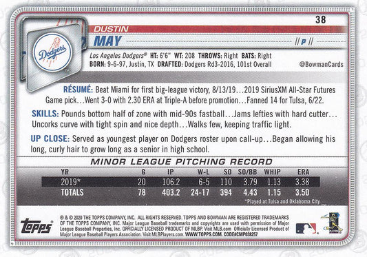 2020 Bowman Dustin May RC #38 Los Angeles Dodgers