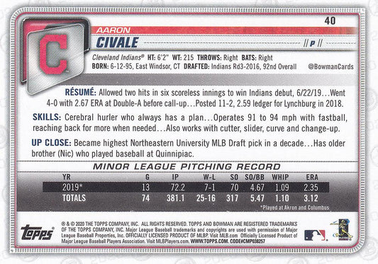 2020 Bowman Aaron Civale RC #40 Cleveland Indians