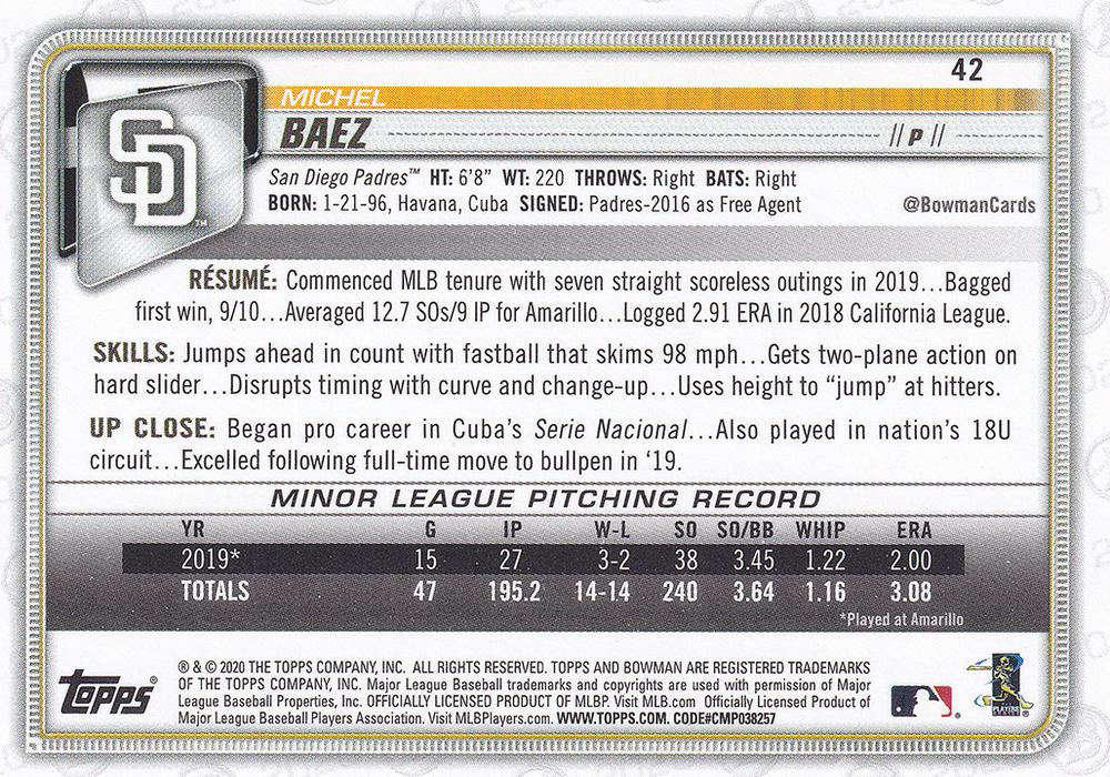 2020 Bowman Michel Baez RC #42 San Diego Padres