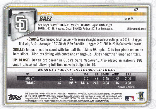 2020 Bowman Michel Baez RC #42 San Diego Padres