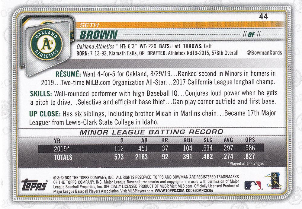 2020 Bowman Seth Brown RC #44 Oakland Athletics