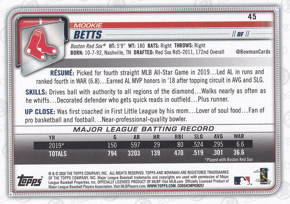 2020 Bowman Mookie Betts #45 Boston Red Sox