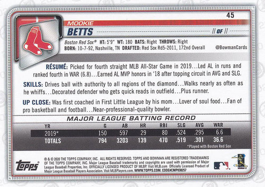 2020 Bowman Mookie Betts #45 Boston Red Sox