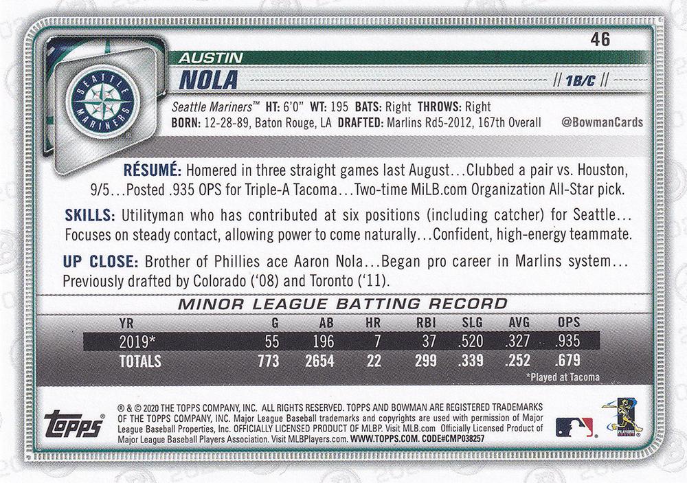 2020 Bowman Austin Nola RC #46 Seattle Mariners