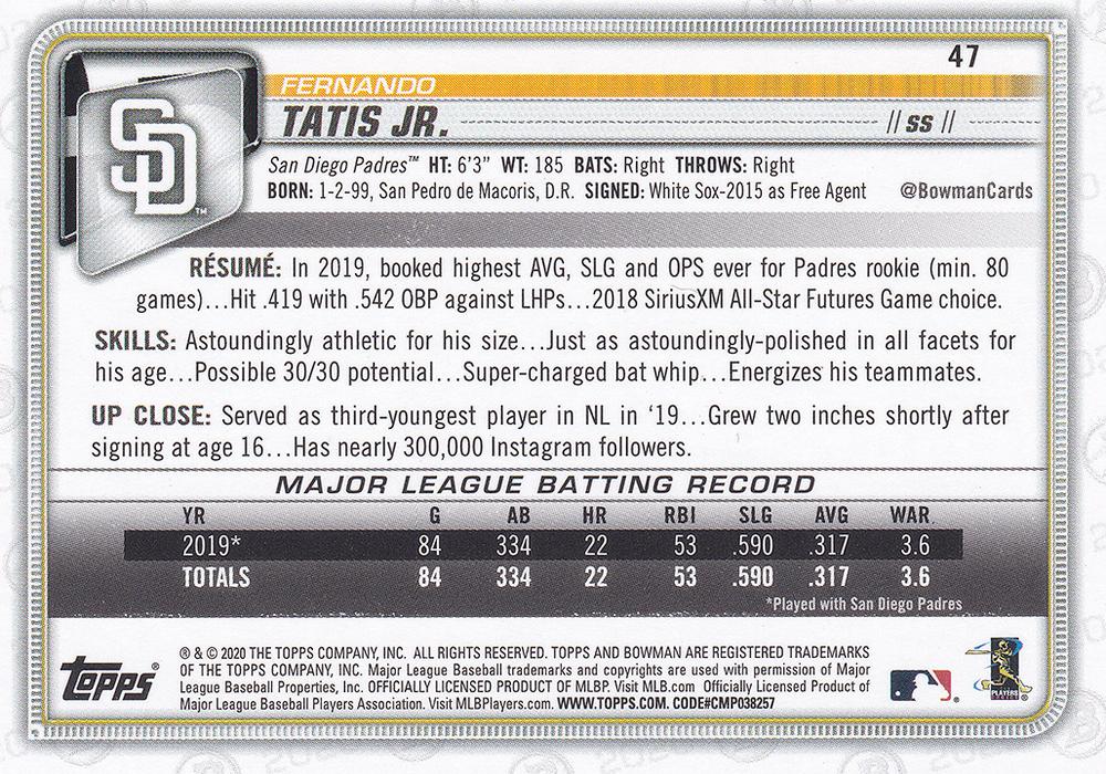 2020 Bowman Fernando Tatis Jr. #47 San Diego Padres