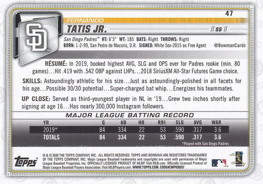 2020 Bowman Fernando Tatis Jr. #47 San Diego Padres