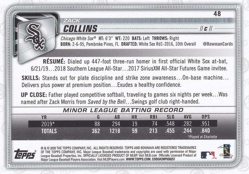 2020 Bowman Zack Collins RC #48 Chicago White Sox