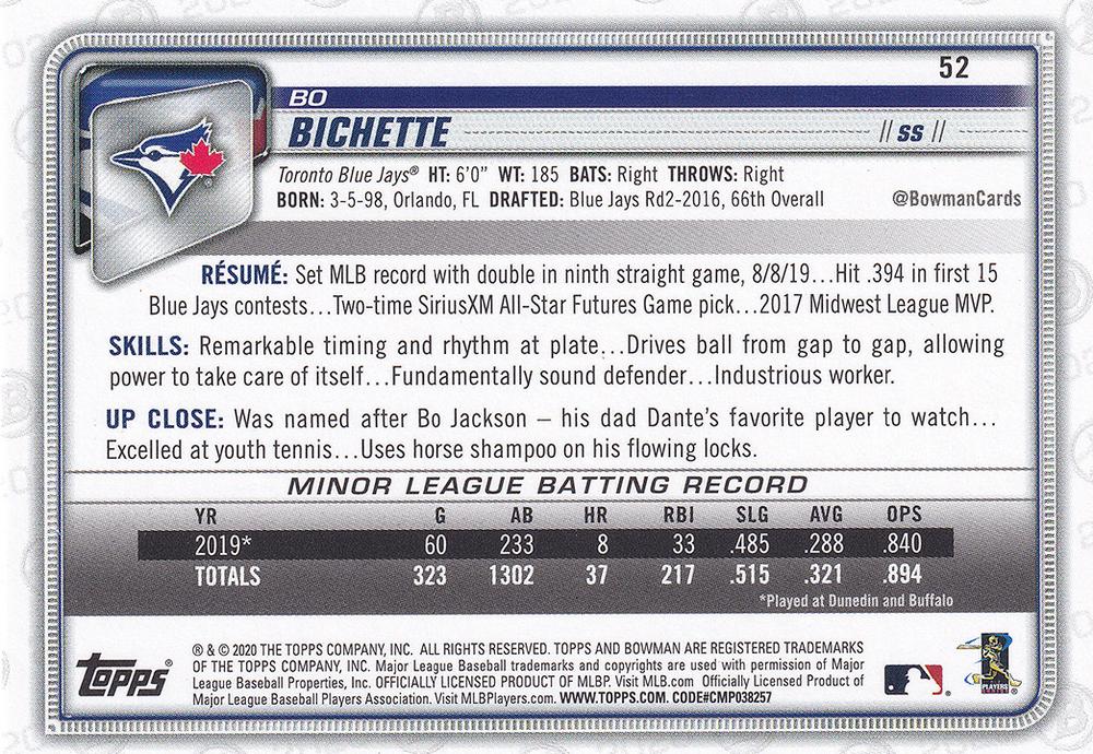 2020 Bowman Bo Bichette RC #52 Toronto Blue Jays