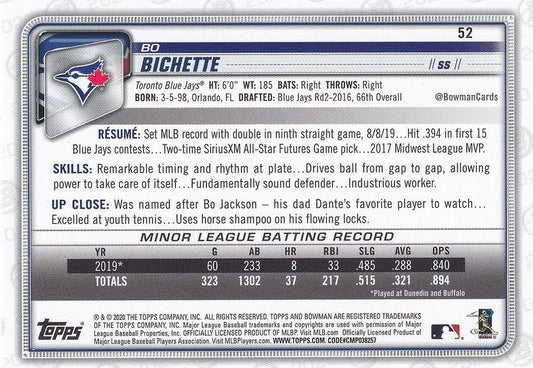 2020 Bowman Bo Bichette RC #52 Toronto Blue Jays