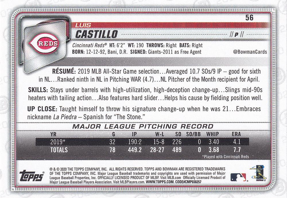2020 Bowman Luis Castillo #56 Cincinnati Reds