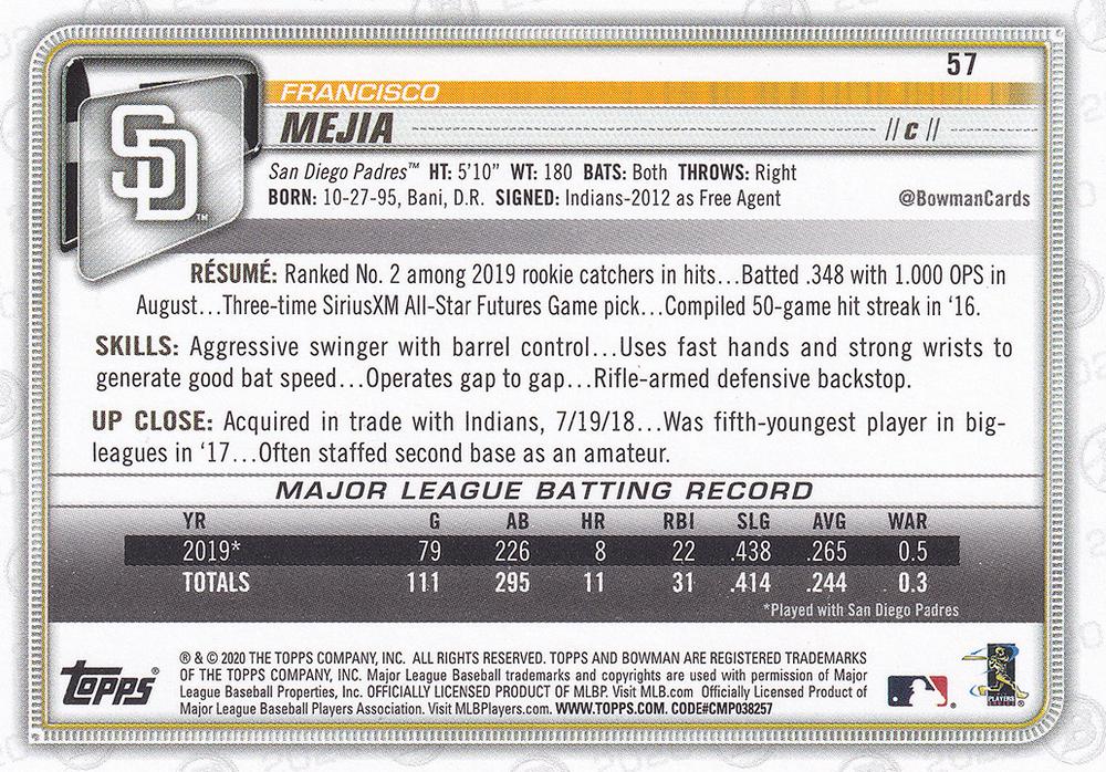 2020 Bowman Francisco Mejia #57 San Diego Padres