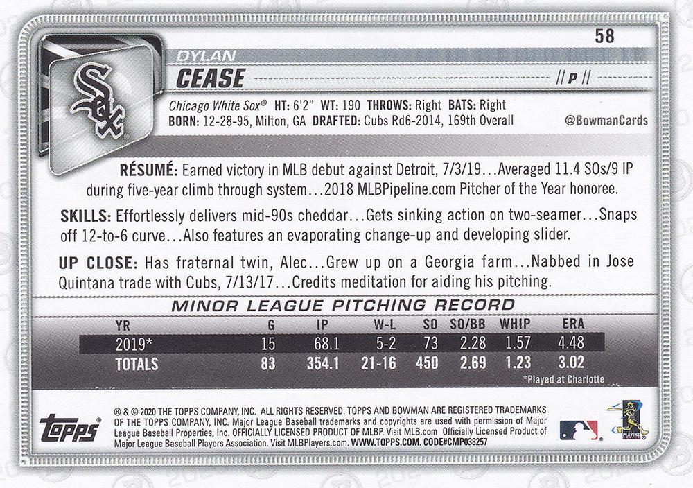 2020 Bowman Dylan Cease RC #58 Chicago White Sox